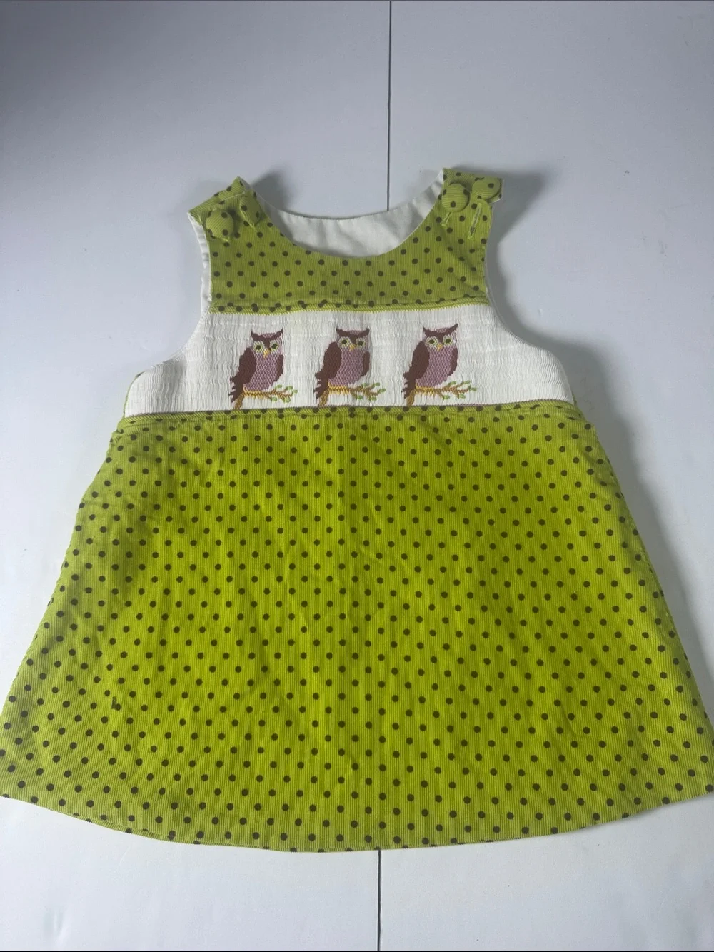 vintage smocked Lime green with brown  Polka Dot Owl Appliqué Kids Dress